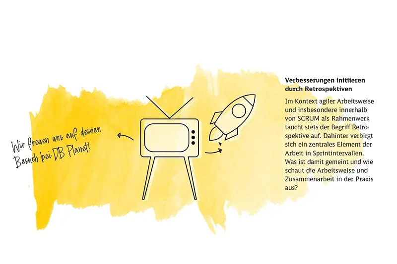 Ein gelbes Aquarell mit einem Fernseher und einer Rakete